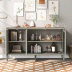 Mueble de almacenamiento de madera con estante ajustable y 3 puertas de cristal, mesa consola para sala de estar, entrada, cocina, gris