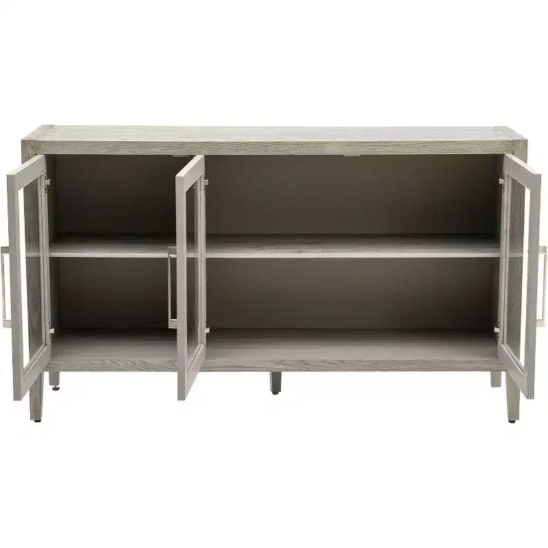 Mueble de almacenamiento de madera con estante ajustable y 3 puertas de cristal, mesa consola para sala de estar, entrada, cocina, gris