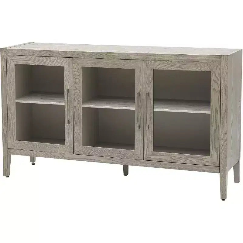 Mueble de almacenamiento de madera con estante ajustable y 3 puertas de cristal, mesa consola para sala de estar, entrada, cocina, gris