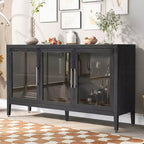 Acekool Wood Storage Cabinet, Accent Cupboard with Adjustable Shelf and 3 Glass Doors, Console Table for Living Room, Entryway, Kitchen, Grey