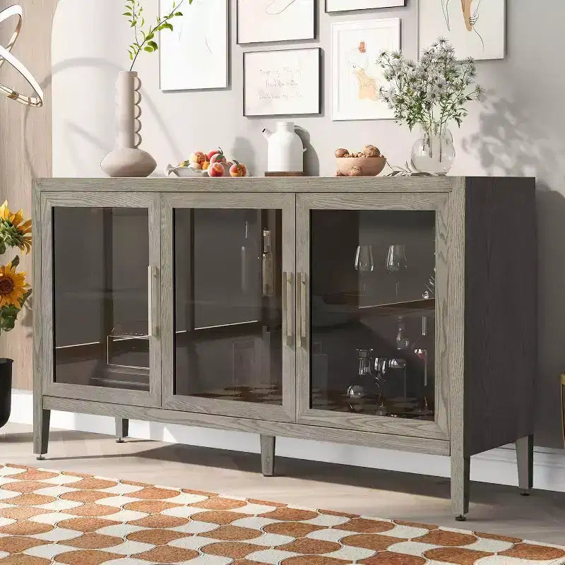 Mueble de almacenamiento de madera con estante ajustable y 3 puertas de cristal, mesa consola para sala de estar, entrada, cocina, gris