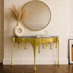 Royal Hampton Sofa Console Table | 36.25 Half Moon Glass Top | Melting Drip Design | Aluminum Cast