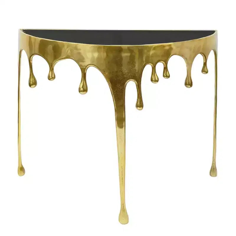 Mesa Consola Sofá de Cristal Redonda Media Luna | 36.25" | Diseño Goteo Fundido | Fundición de Aluminio, Oro