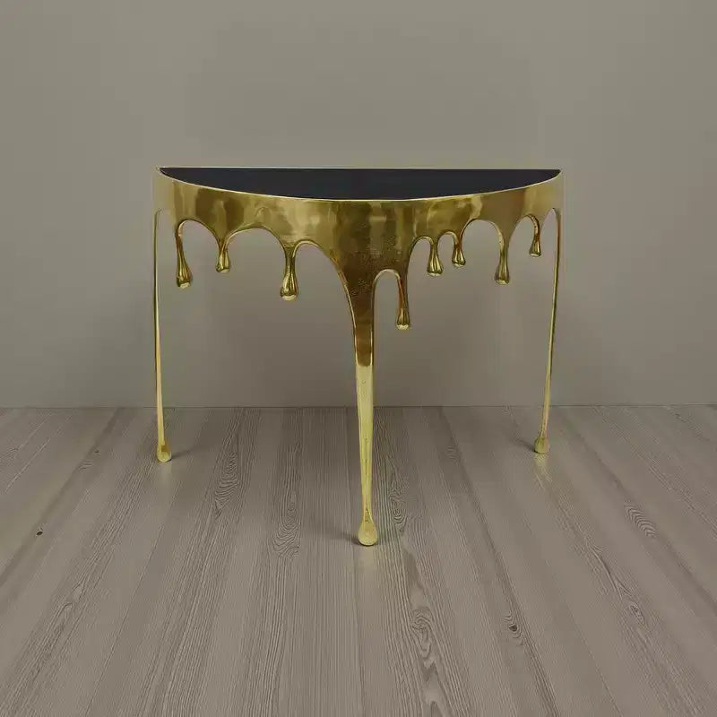 Mesa Consola Sofá de Cristal Redonda Media Luna | 36.25" | Diseño Goteo Fundido | Fundición de Aluminio, Oro