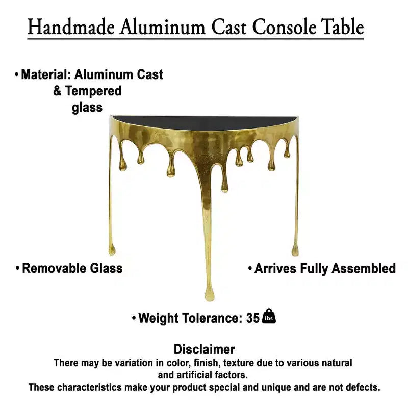 Mesa Consola Sofá de Cristal Redonda Media Luna | 36.25" | Diseño Goteo Fundido | Fundición de Aluminio, Oro