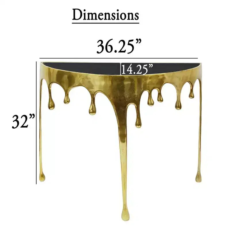 Mesa Consola Sofá de Cristal Redonda Media Luna | 36.25" | Diseño Goteo Fundido | Fundición de Aluminio, Oro