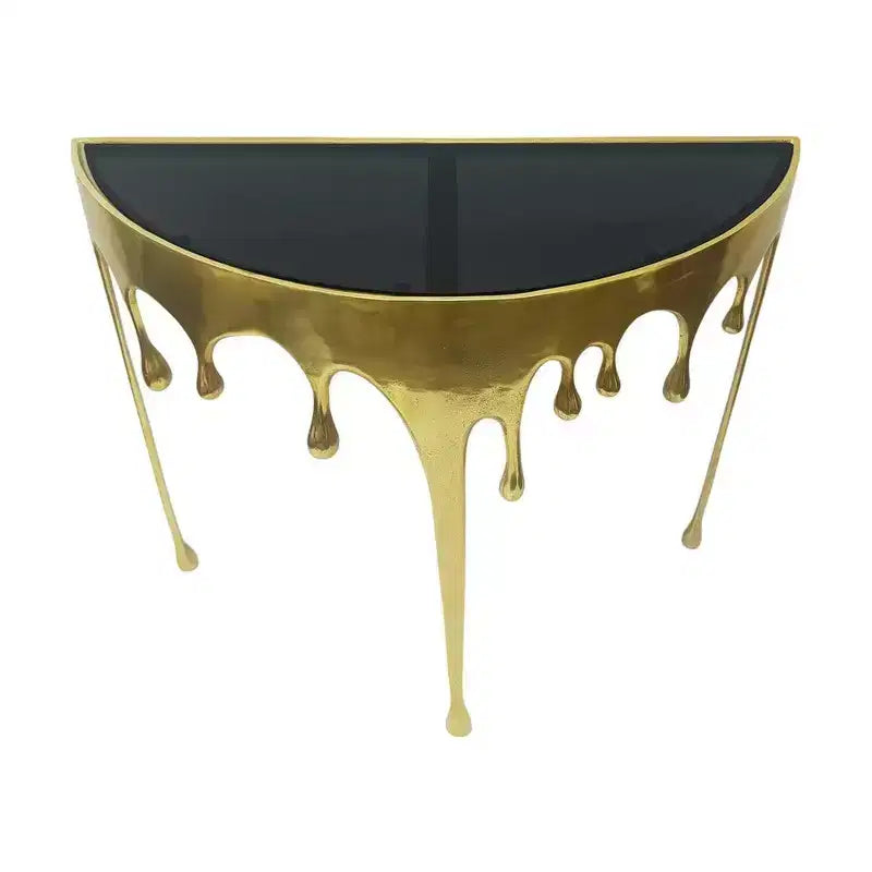 Mesa Consola Sofá de Cristal Redonda Media Luna | 36.25" | Diseño Goteo Fundido | Fundición de Aluminio, Oro