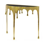 Mesa Consola Sofá de Cristal Redonda Media Luna | 36.25" | Diseño Goteo Fundido | Fundición de Aluminio, Oro