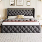King Bed Frame with LED Lights and Charging Station, Velvet Upholstered Platform Bed Frame with Wingback Headboard, Noise-Free/No Box Spring Needed