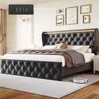 Base de cama King con luces LED y estación de carga, estructura de cama de plataforma tapizada en terciopelo con cabecera de ala, sin ruido/no necesita somier