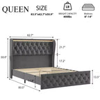 Base de cama King con luces LED y estación de carga, estructura de cama de plataforma tapizada en terciopelo con cabecera de ala, sin ruido/no necesita somier