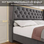 Base de cama King con luces LED y estación de carga, estructura de cama de plataforma tapizada en terciopelo con cabecera de ala, sin ruido/no necesita somier