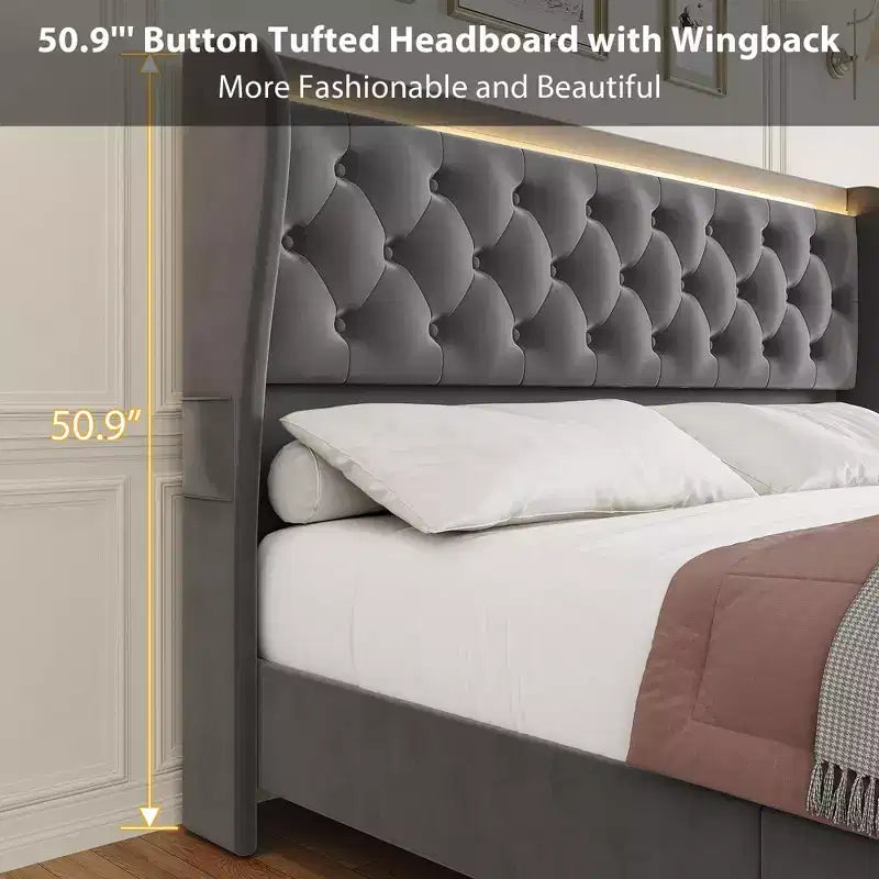 Base de cama King con luces LED y estación de carga, estructura de cama de plataforma tapizada en terciopelo con cabecera de ala, sin ruido/no necesita somier