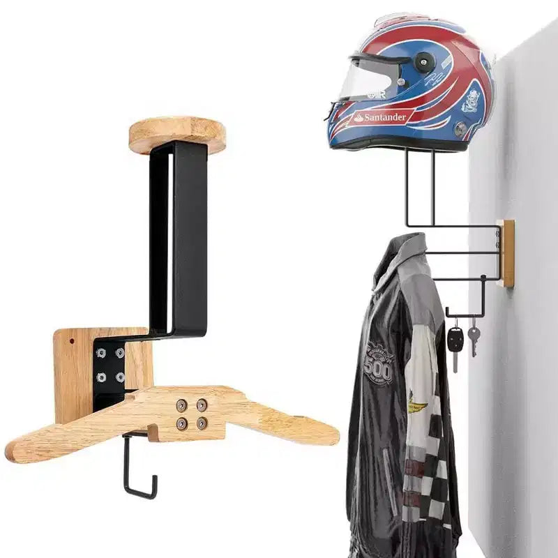 Soporte multifuncional de madera para casco de motocicleta con marco de metal resistente, perchero de pared para recibidor