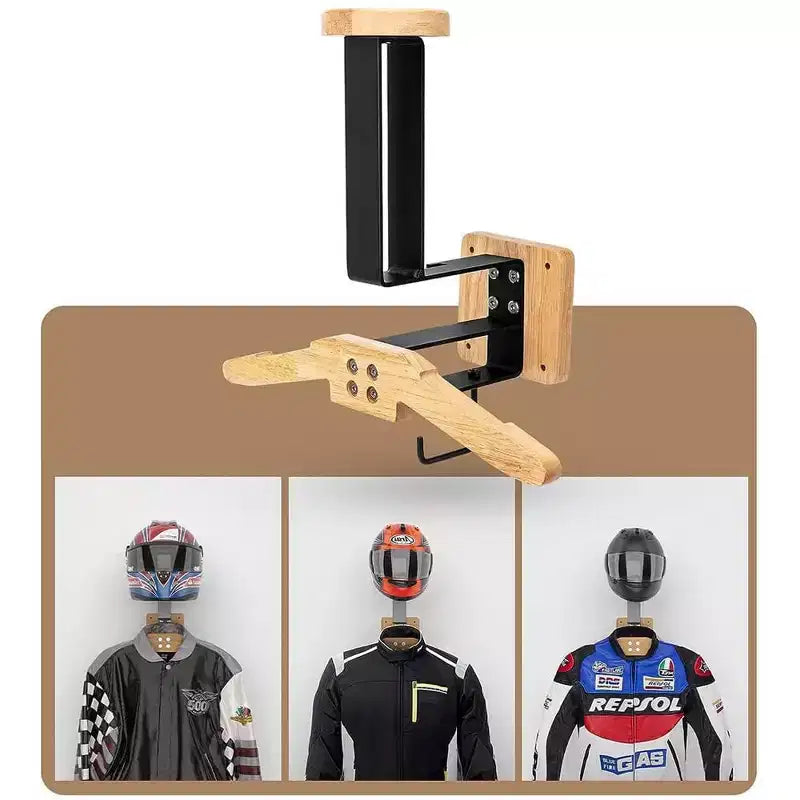 Soporte multifuncional de madera para casco de motocicleta con marco de metal resistente, perchero de pared para recibidor