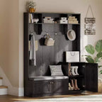 Acekool 79in Hall Tree 5-in-1 Entryway Bench, Coat Rack with 4 Hooks, Storage Cabinets & Open Shelves, for Entryway or Living Room, Rustic White