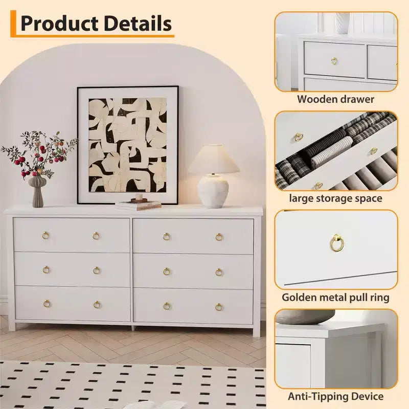 Cómoda para dormitorio con 6 cajones, cómoda de madera ancha, negra