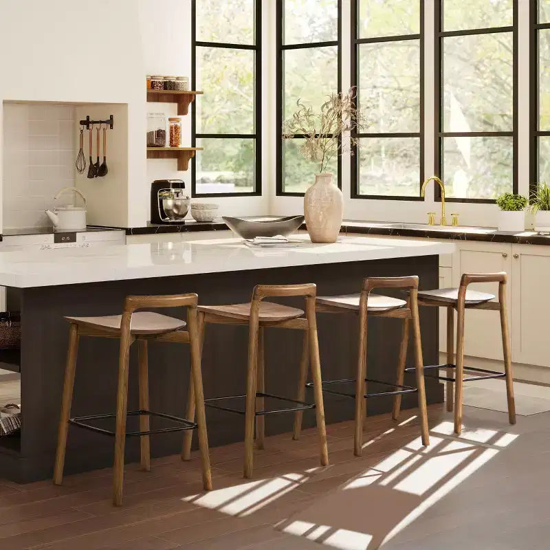Taburetes de bar de altura de mostrador de madera de fresno rubio natural para comedores, minimalistas de respaldo bajo sin reposabrazos