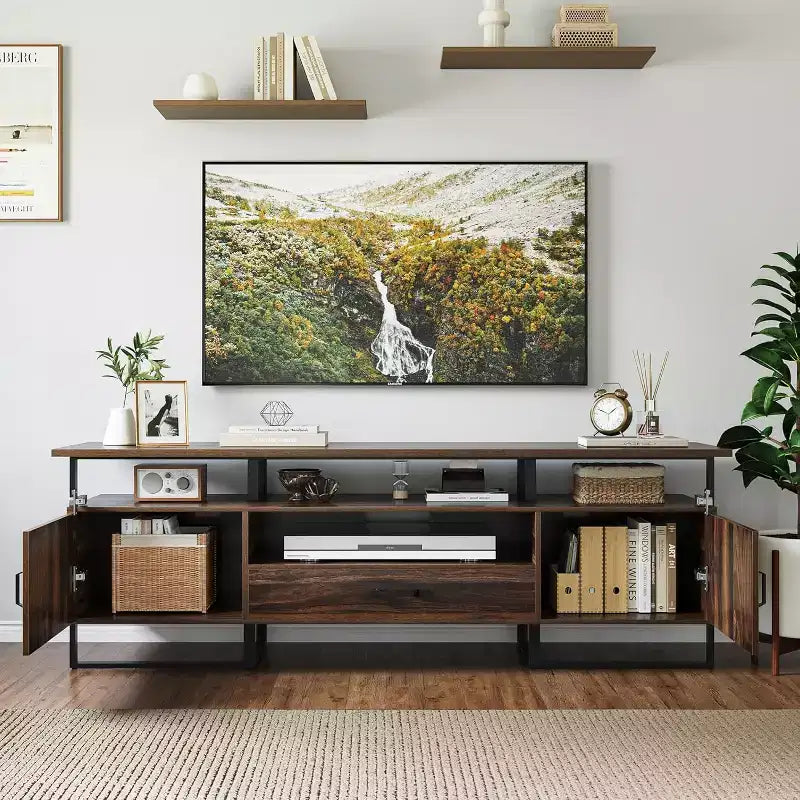 Mueble de TV de 70 pulgadas con cajón de almacenamiento, consola multimedia industrial, marrón