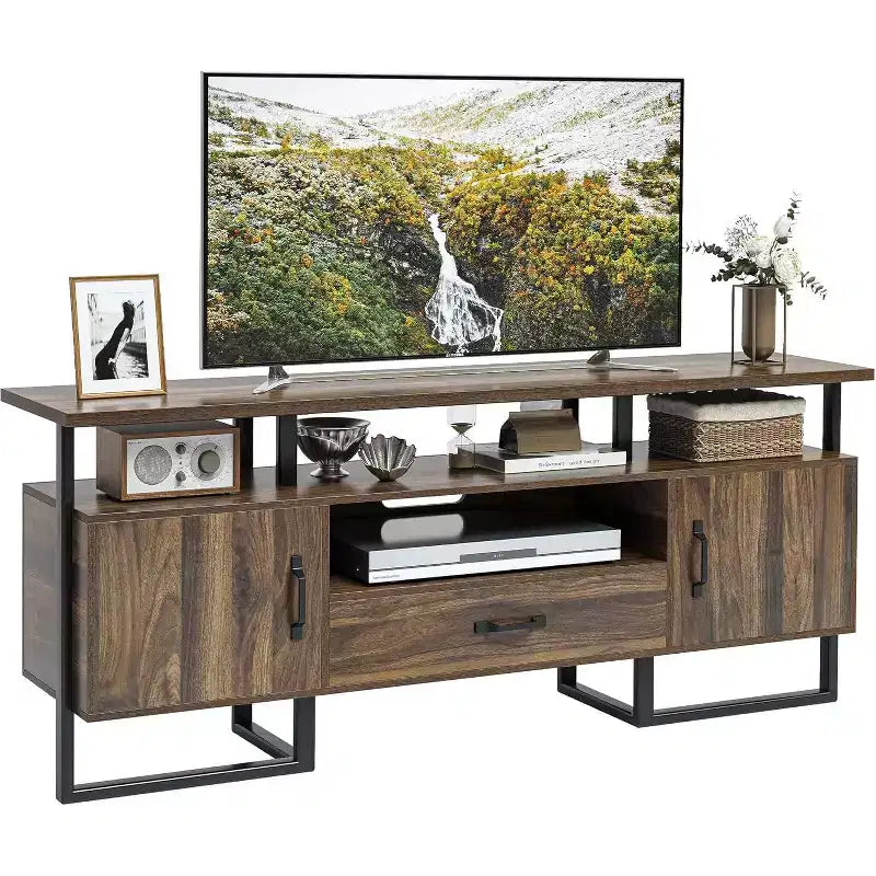 Mueble de TV de 70 pulgadas con cajón de almacenamiento, consola multimedia industrial, marrón