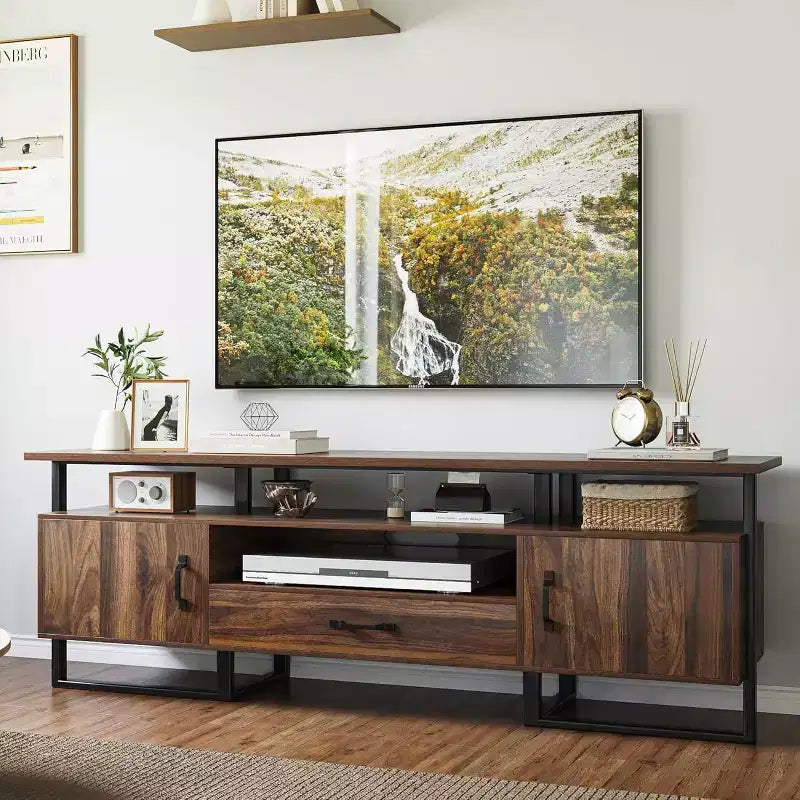Mueble de TV de 70 pulgadas con cajón de almacenamiento, consola multimedia industrial, marrón