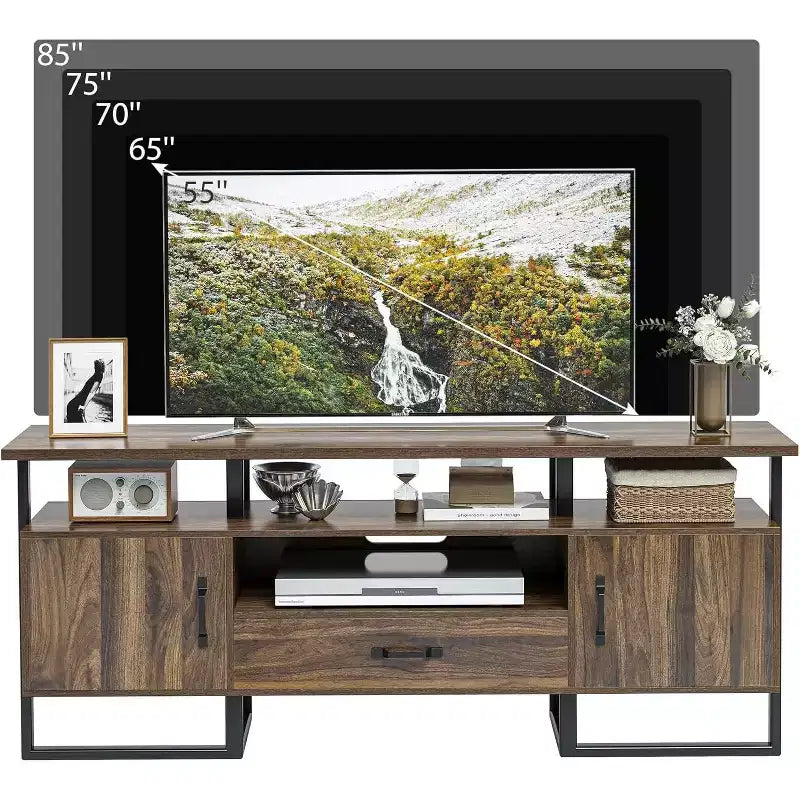 Mueble de TV de 70 pulgadas con cajón de almacenamiento, consola multimedia industrial, marrón