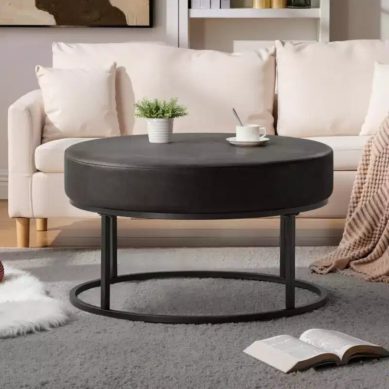 4.5 Mesa de centro otomana redonda, reposapiés tapizado en tela chenilla, mesa auxiliar moderna con patas de metal y pies ajustables para sala de estar