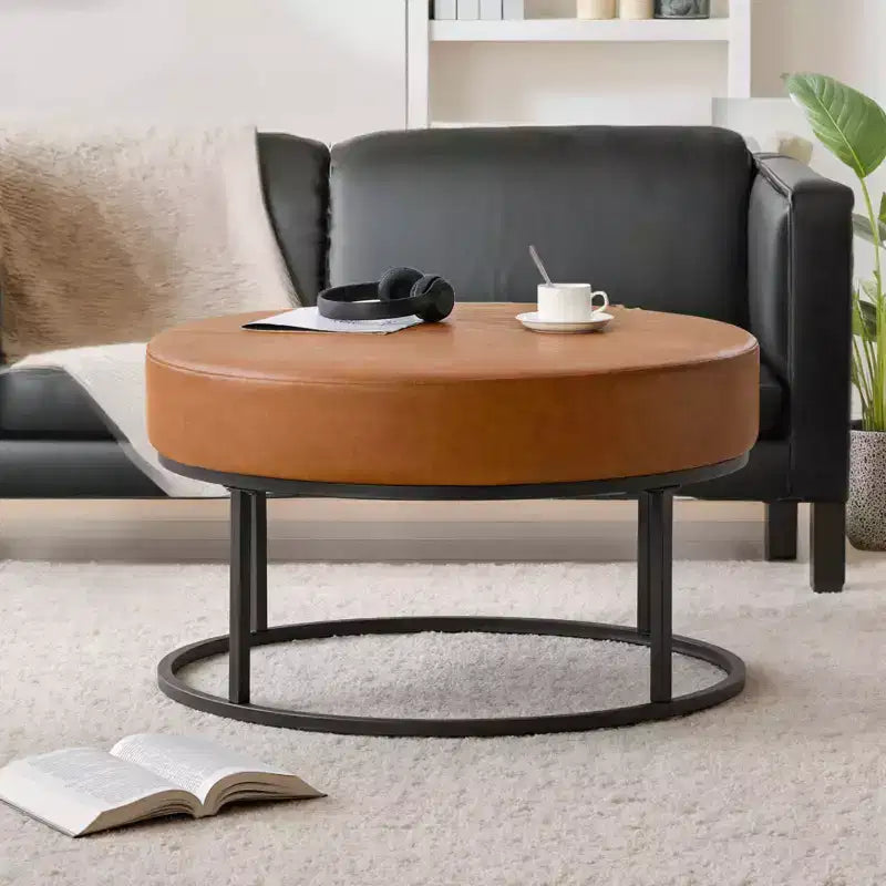4.5 Mesa de centro otomana redonda, reposapiés tapizado en tela chenilla, mesa auxiliar moderna con patas de metal y pies ajustables para sala de estar