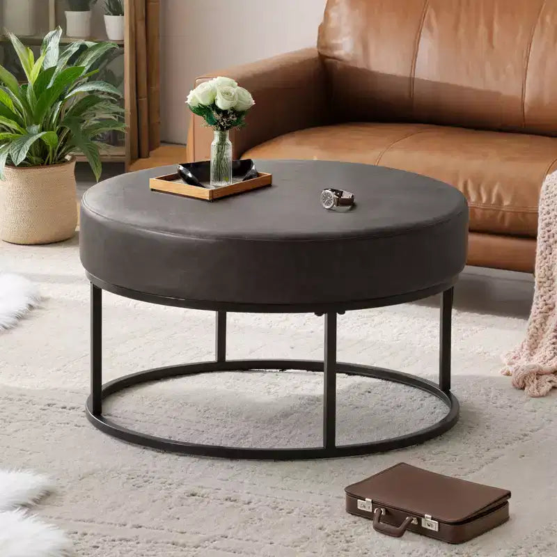 4.5 Mesa de centro otomana redonda, reposapiés tapizado en tela chenilla, mesa auxiliar moderna con patas de metal y pies ajustables para sala de estar
