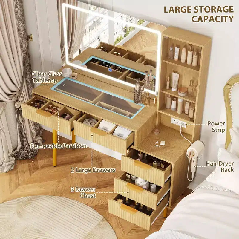 Tocador de maquillaje con espejo, gran tocador de 48 W con 5 cajones y estantes de almacenamiento abiertos, tocador de maquillaje con cubierta de vidrio para dormitorio