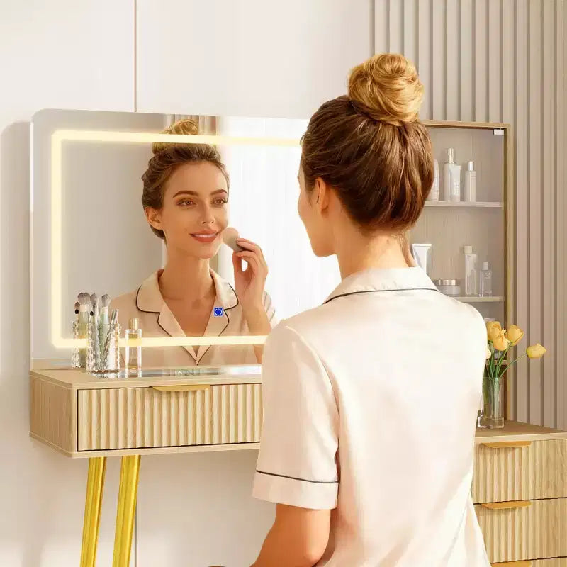 Tocador de maquillaje con espejo, gran tocador de 48 W con 5 cajones y estantes de almacenamiento abiertos, tocador de maquillaje con cubierta de vidrio para dormitorio