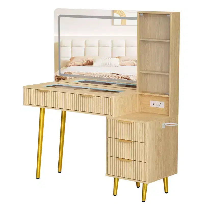Tocador de maquillaje con espejo, gran tocador de 48 W con 5 cajones y estantes de almacenamiento abiertos, tocador de maquillaje con cubierta de vidrio para dormitorio