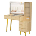 Tocador de maquillaje con espejo, gran tocador de 48 W con 5 cajones y estantes de almacenamiento abiertos, tocador de maquillaje con cubierta de vidrio para dormitorio