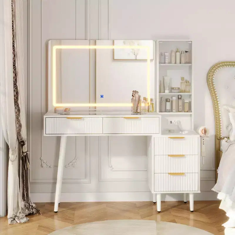 Tocador de maquillaje con espejo, gran tocador de 48 W con 5 cajones y estantes de almacenamiento abiertos, tocador de maquillaje con cubierta de vidrio para dormitorio