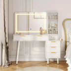Tocador de maquillaje con espejo, gran tocador de 48 W con 5 cajones y estantes de almacenamiento abiertos, tocador de maquillaje con cubierta de vidrio para dormitorio
