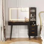 Tocador de maquillaje con espejo, gran tocador de 48 W con 5 cajones y estantes de almacenamiento abiertos, tocador de maquillaje con cubierta de vidrio para dormitorio