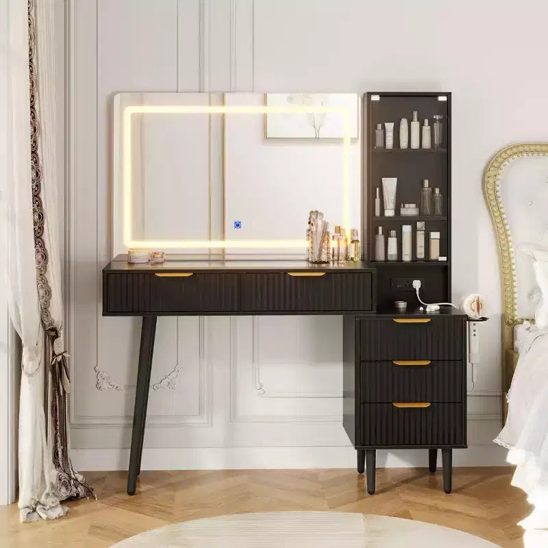 Tocador de maquillaje con espejo, gran tocador de 48 W con 5 cajones y estantes de almacenamiento abiertos, tocador de maquillaje con cubierta de vidrio para dormitorio