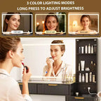 Tocador de maquillaje con espejo, gran tocador de 48 W con 5 cajones y estantes de almacenamiento abiertos, tocador de maquillaje con cubierta de vidrio para dormitorio