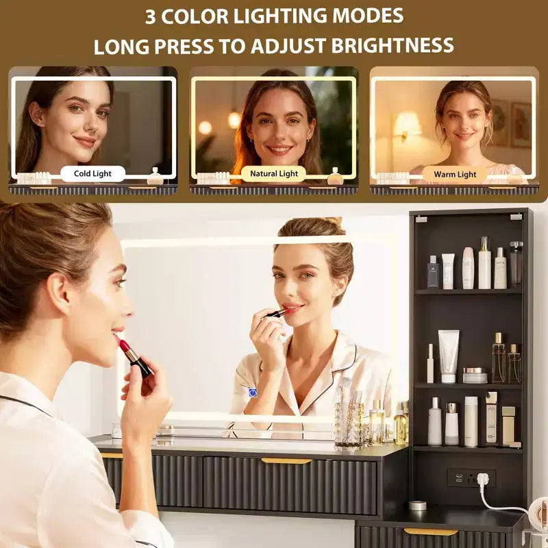 Tocador de maquillaje con espejo, gran tocador de 48 W con 5 cajones y estantes de almacenamiento abiertos, tocador de maquillaje con cubierta de vidrio para dormitorio