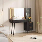 Makeup Vanity Desk with Mirror, 48W Large Dressing Table With 5 Drawers & Open Storage Shelves, Glass Top Makeup Vanity Table for Bedroom