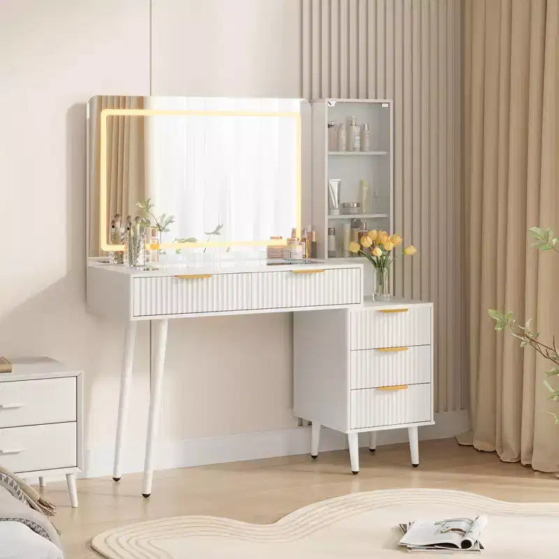 Tocador de maquillaje con espejo, gran tocador de 48 W con 5 cajones y estantes de almacenamiento abiertos, tocador de maquillaje con cubierta de vidrio para dormitorio