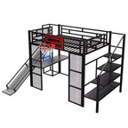 Cama alta de metal de tamaño completo con escritorio y armario integrados, cama alta resistente con tobogán y escalera y canasta de baloncesto