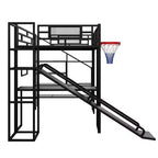 Cama alta de metal de tamaño completo con escritorio y armario integrados, cama alta resistente con tobogán y escalera y canasta de baloncesto