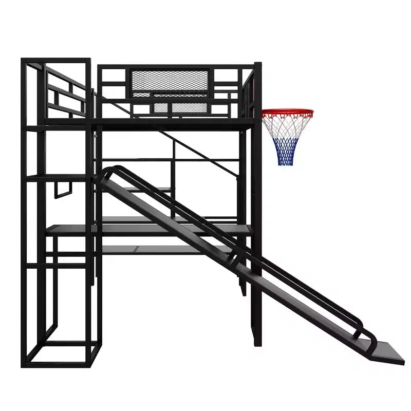 Cama alta de metal de tamaño completo con escritorio y armario integrados, cama alta resistente con tobogán y escalera y canasta de baloncesto