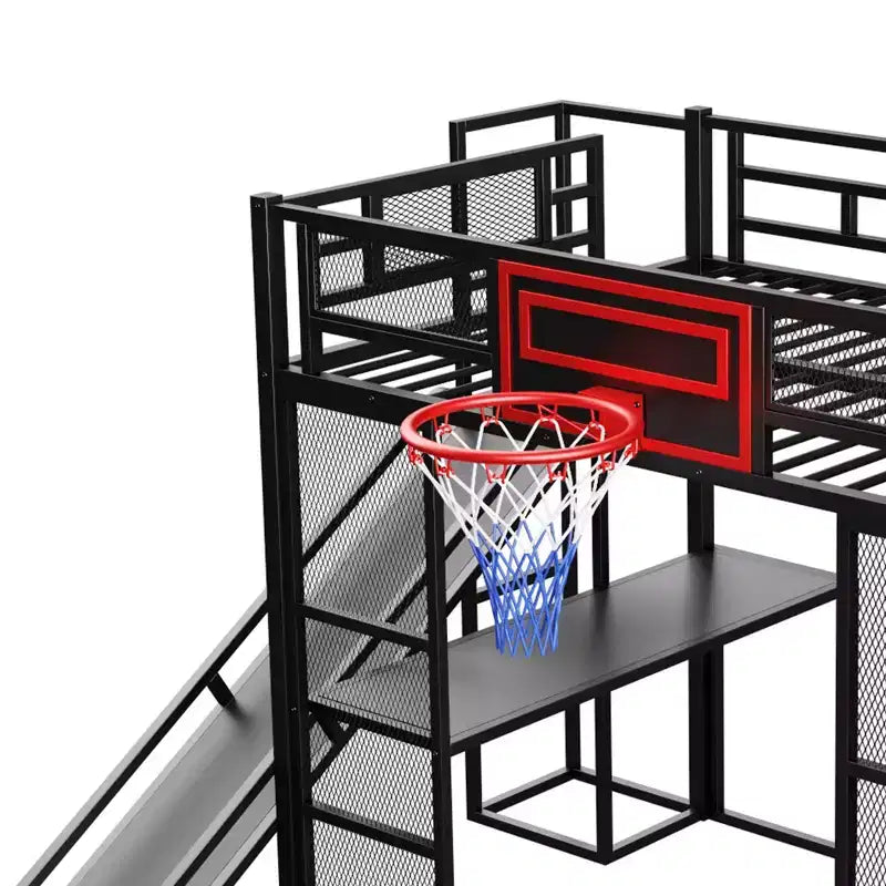 Cama alta de metal de tamaño completo con escritorio y armario integrados, cama alta resistente con tobogán y escalera y canasta de baloncesto
