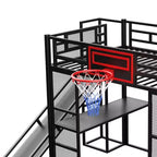 Cama alta de metal de tamaño completo con escritorio y armario integrados, cama alta resistente con tobogán y escalera y canasta de baloncesto