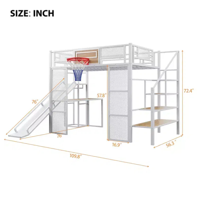 Cama alta de metal de tamaño completo con escritorio y armario integrados, cama alta resistente con tobogán y escalera y canasta de baloncesto