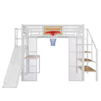Cama alta de metal de tamaño completo con escritorio y armario integrados, cama alta resistente con tobogán y escalera y canasta de baloncesto