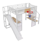 Cama alta de metal de tamaño completo con escritorio y armario integrados, cama alta resistente con tobogán y escalera y canasta de baloncesto
