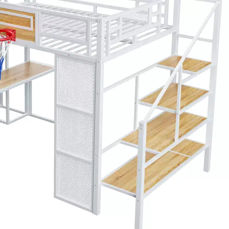 Cama alta de metal de tamaño completo con escritorio y armario integrados, cama alta resistente con tobogán y escalera y canasta de baloncesto